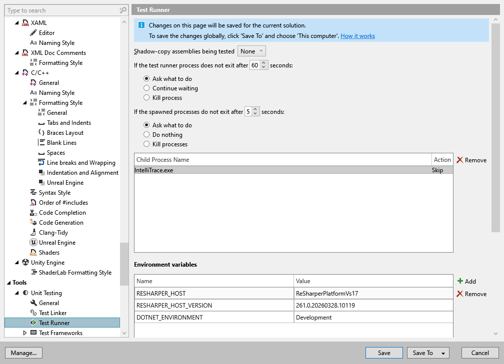ReSharper options: Tools | Unit Testing | Test Runner