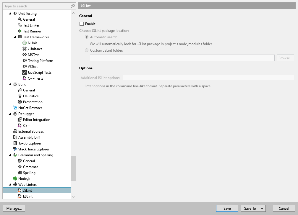ReSharper options: Tools | Web Linters | JSLint