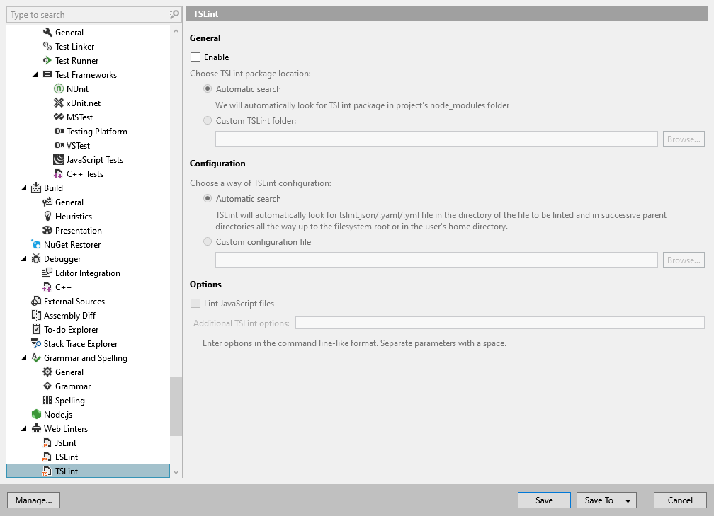 ReSharper options: Tools | Web Linters | TSLint