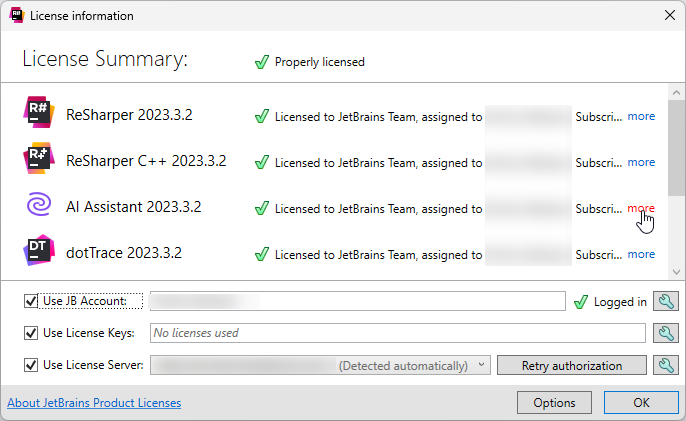 ReSharper。 AI 助手的许可证信息