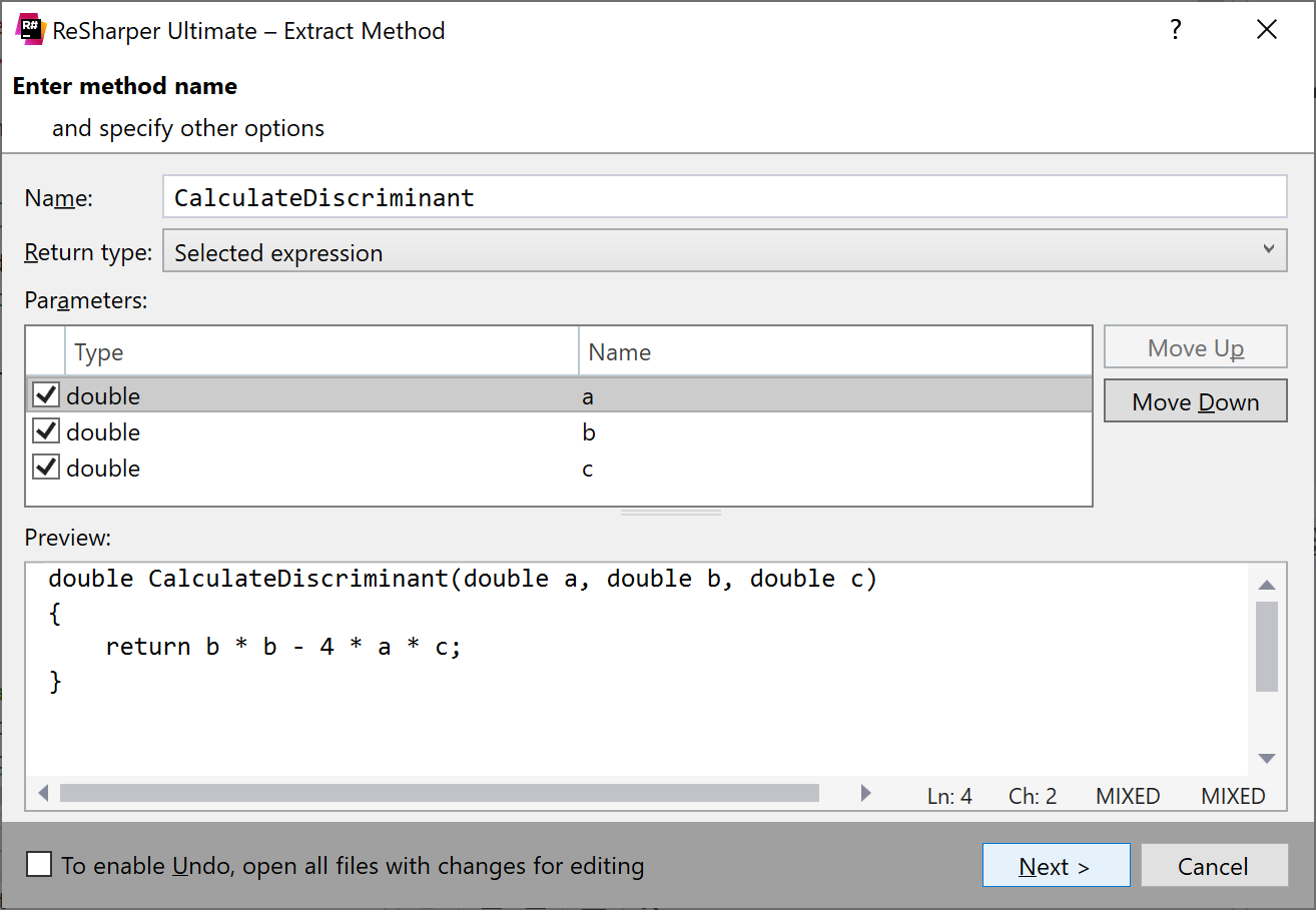 Extract method in C++: Specifying method details Extract method in C++: Specifying method details