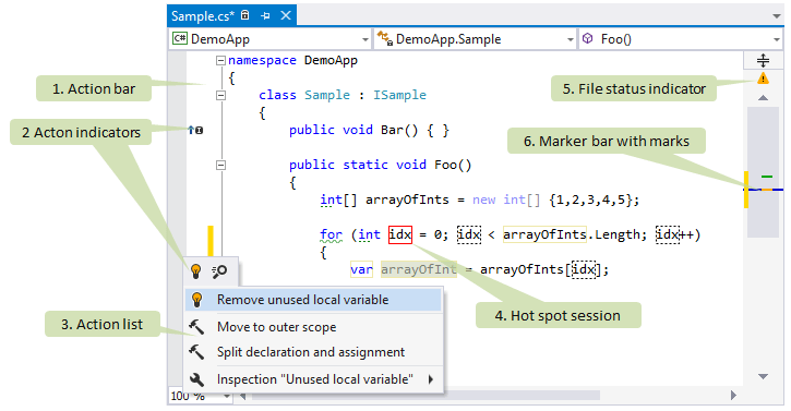 ReSharper controls in Visual Studio editor ReSharper controls in Visual Studio editor