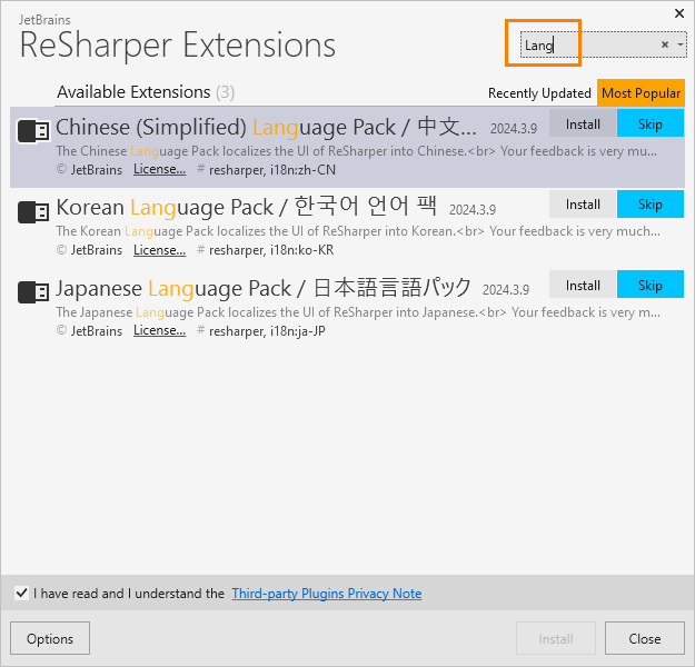 ReSharper: Installing language packs ReSharper: Installing language packs