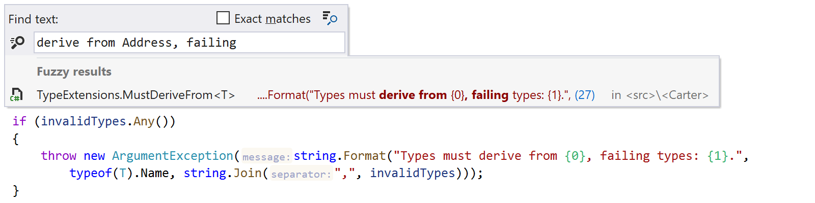 ReSharper: Fuzzy text search. Results with format specifiers ReSharper: Fuzzy text search. Results with format specifiers