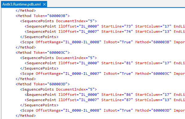 dotPeek: PDB contents displayed as an XML file dotPeek: PDB contents displayed as an XML file
