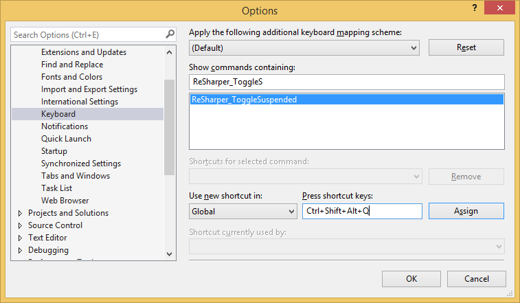 Assigning a keyboard shortcut to suspend/resume ReSharper Assigning a keyboard shortcut to suspend/resume ReSharper