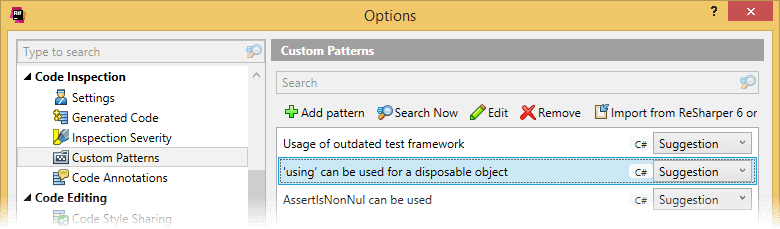 Pattern catalog in ReSharper options Pattern catalog in ReSharper options