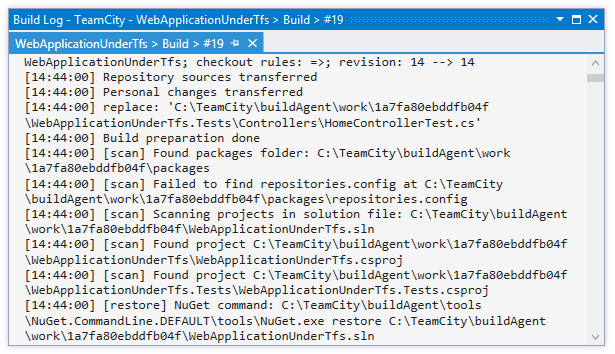 TeamCity Add-in: Build Log window TeamCity Add-in: Build Log window