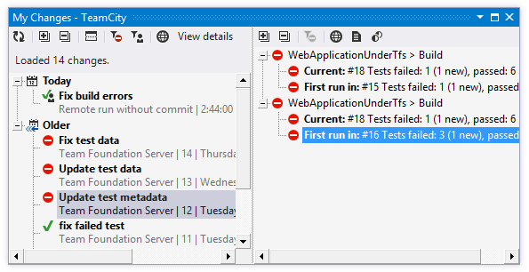 TeamCity&nbsp;Add-in: My Changes window
