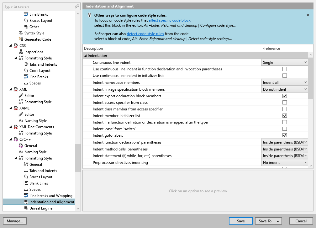 ReSharper options: Code Editing | C/C++ | Formatting Style | Indentation and Alignment