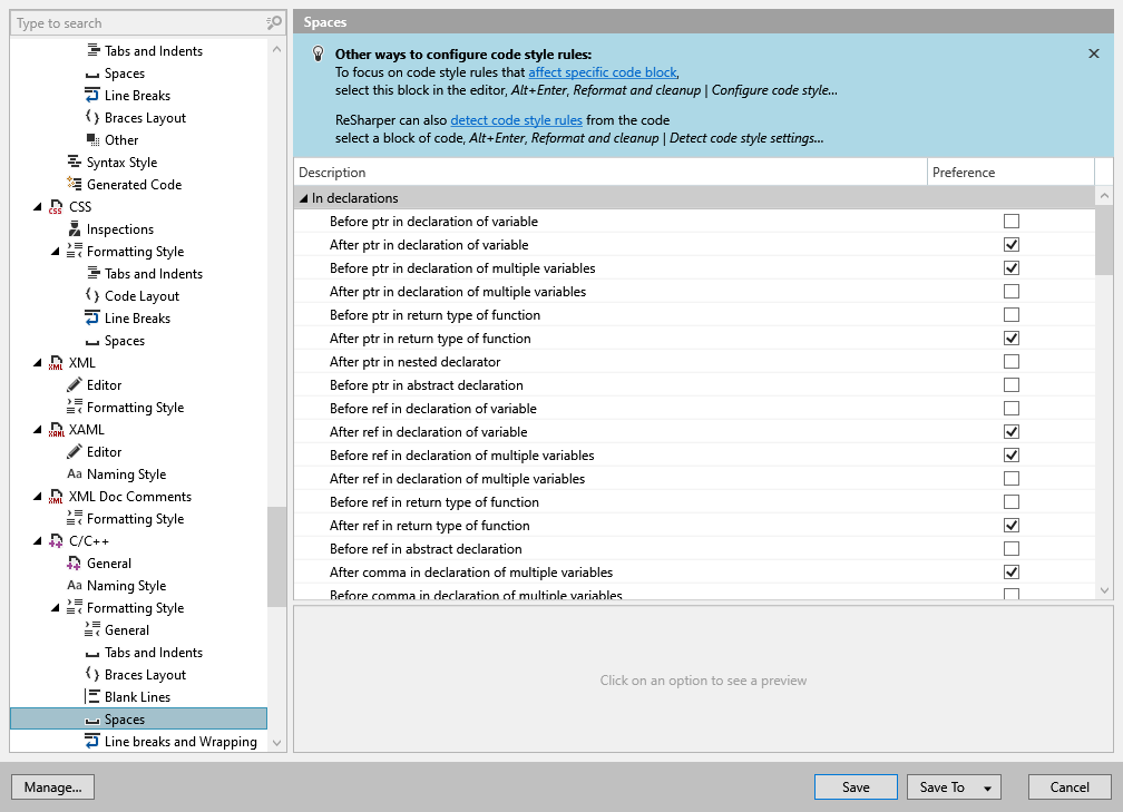 ReSharper options: Code Editing | C/C++ | Formatting Style | Spaces