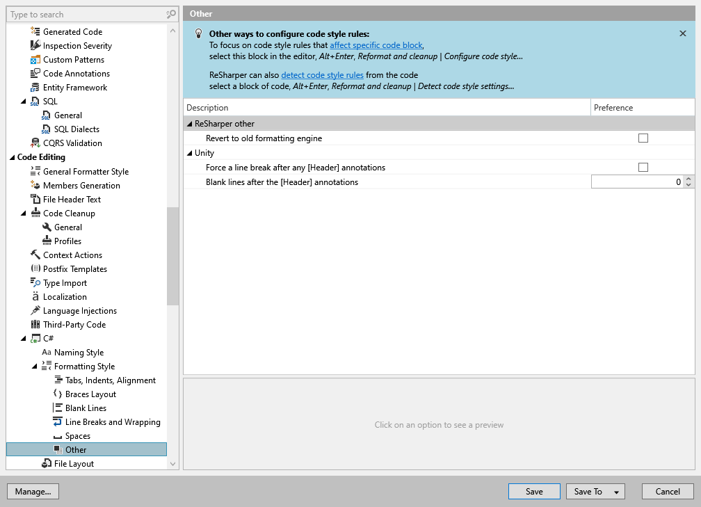 ReSharper options: Code Editing | C# | Formatting Style | Other