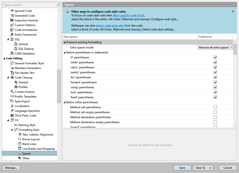 ReSharper options: Code Editing | C# | Formatting Style | Spaces