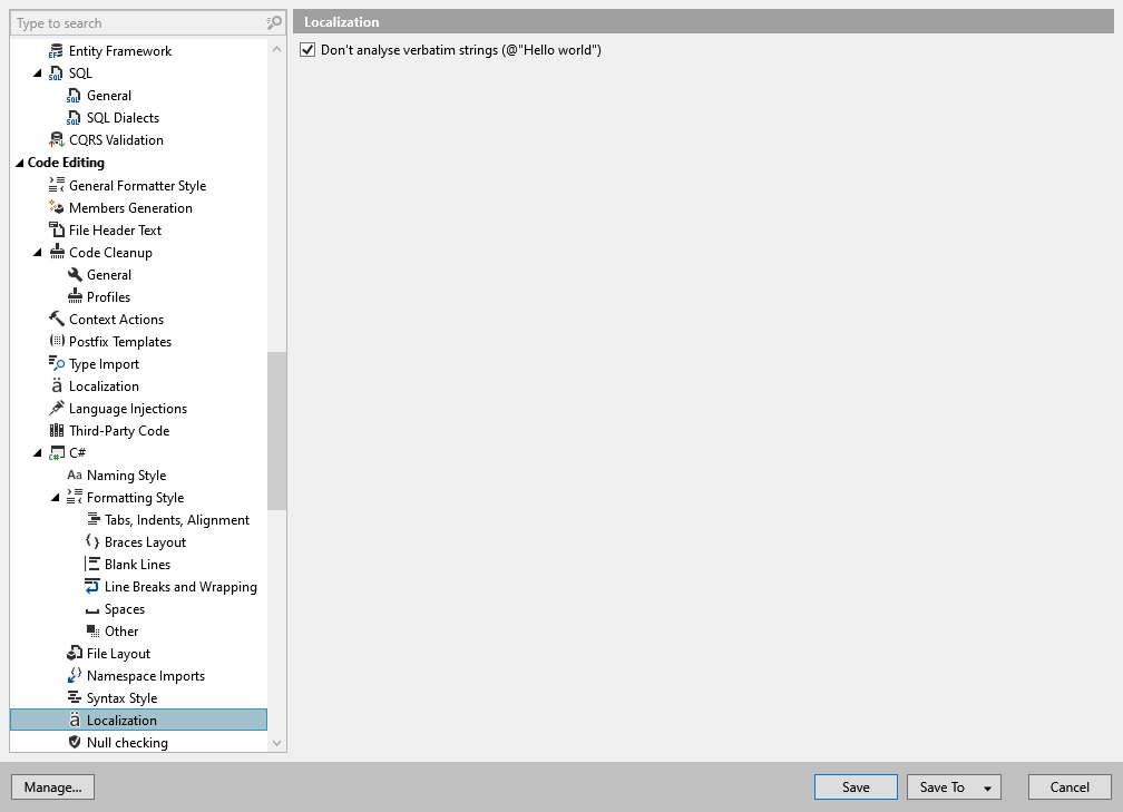 ReSharper options: Code Editing | C# | Localization