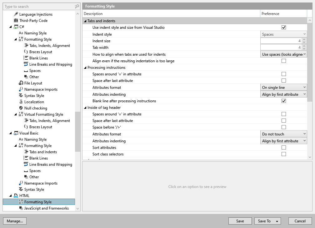 ReSharper options: Code Editing | HTML | Formatting Style ReSharper options: Code Editing | HTML | Formatting Style