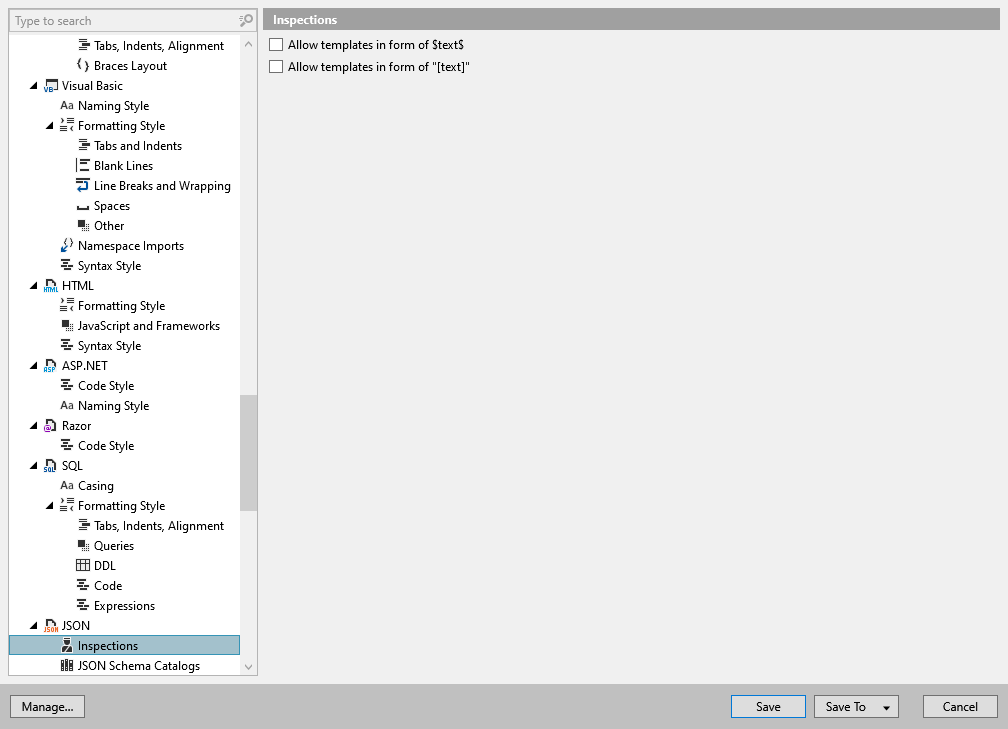 ReSharper options: Code Editing | JSON | Inspections