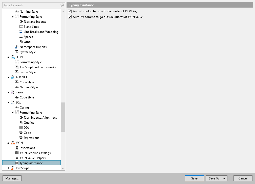 ReSharper options: Code Editing | JSON | Typing Assistance