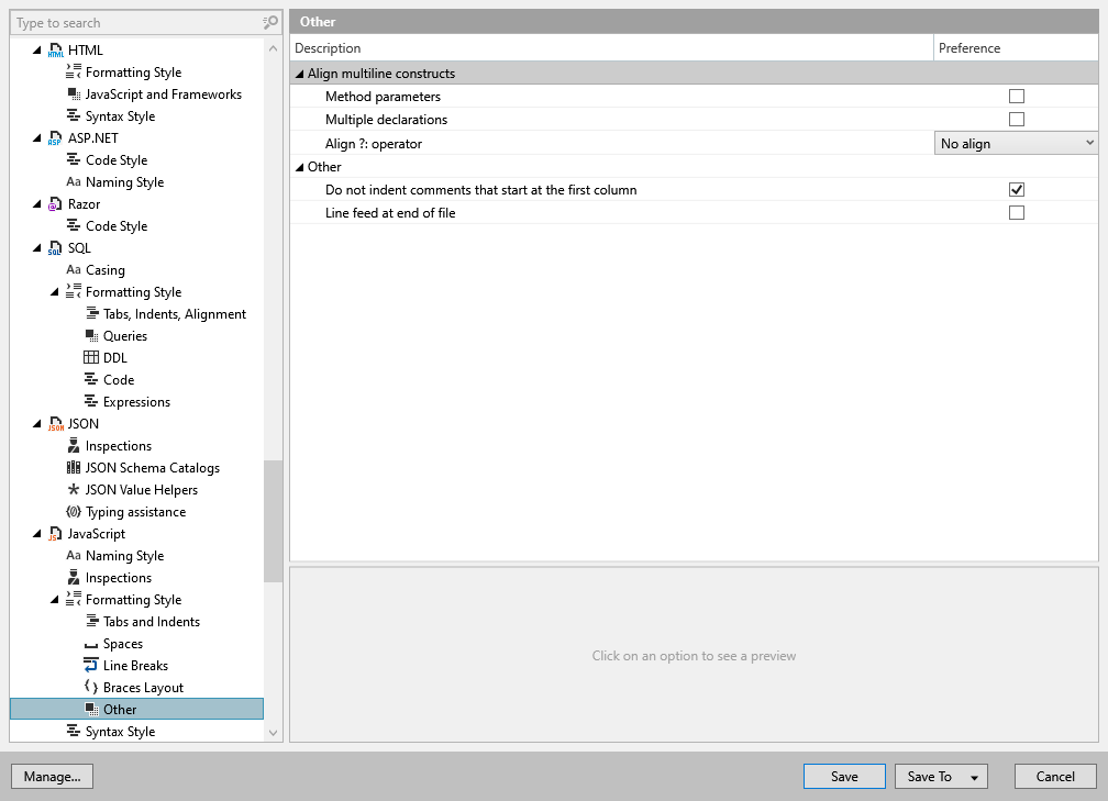 ReSharper options: Code Editing | JavaScript | Formatting Style | Other
