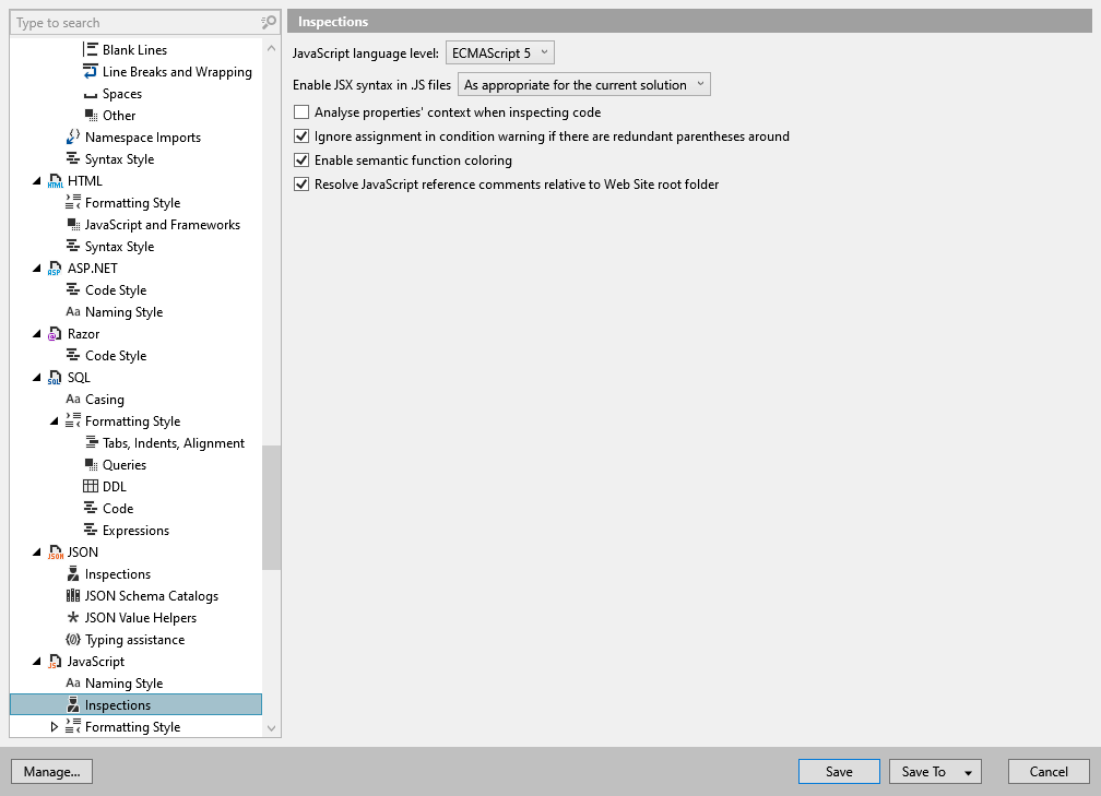 ReSharper options: Code Editing | JavaScript | Inspections