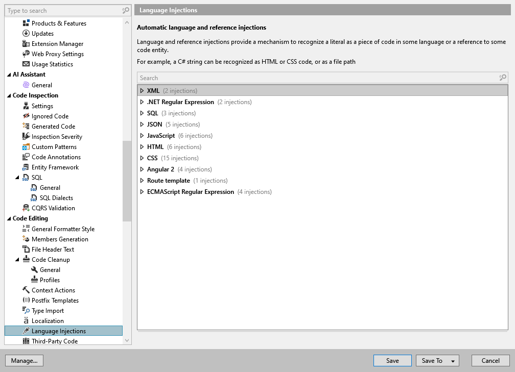 ReSharper options: Code Editing | Language Injections