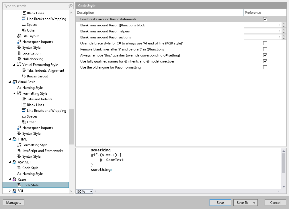 ReSharper options: Code Editing | Razor | Code Style