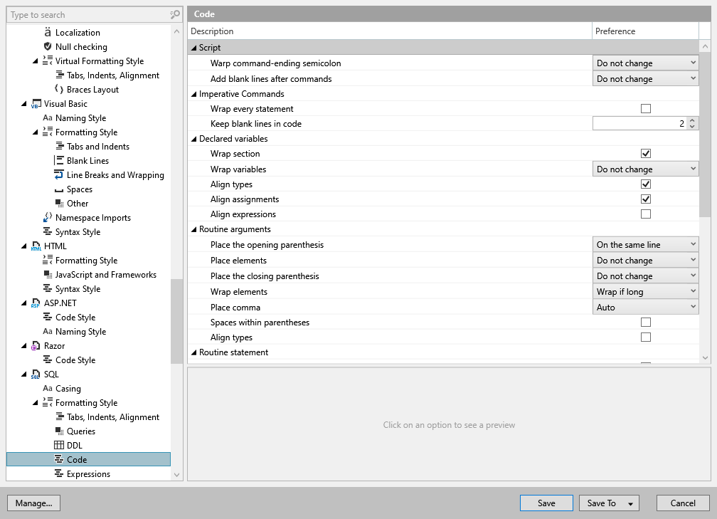 ReSharper options: Code Editing | SQL | Formatting Style | Code
