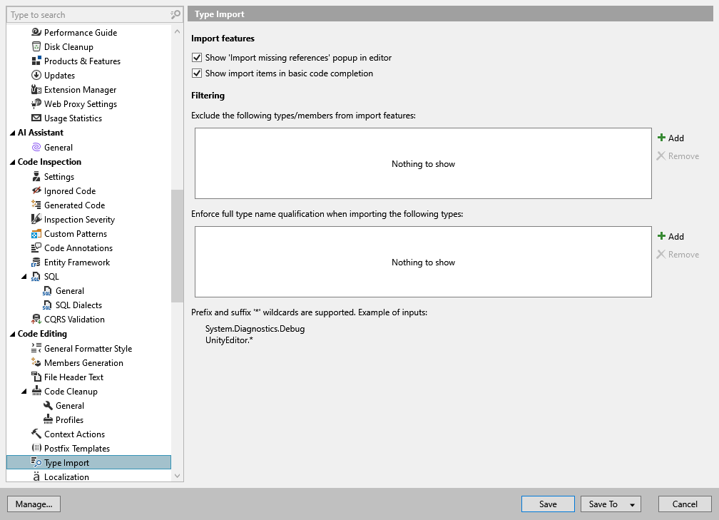 ReSharper options: Code Editing | Type Import