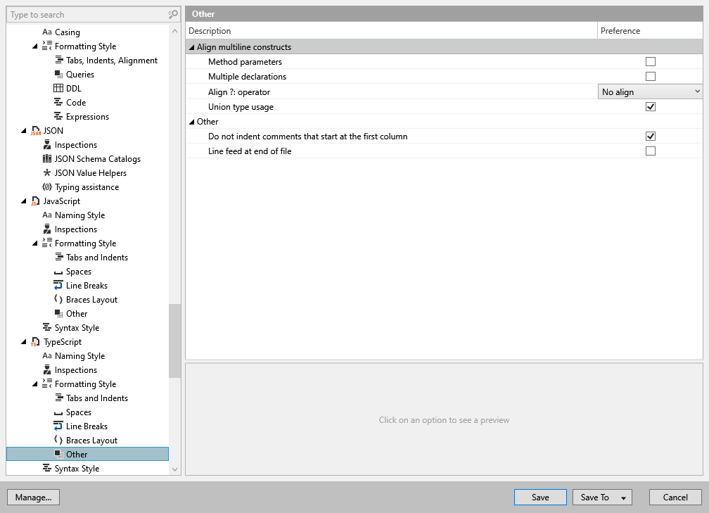 ReSharper options: Code Editing | TypeScript | Formatting Style | Other