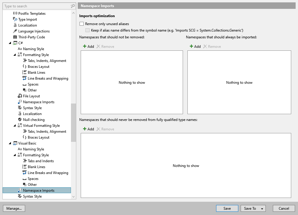 ReSharper options: Code Editing | Visual Basic | Namespace Imports