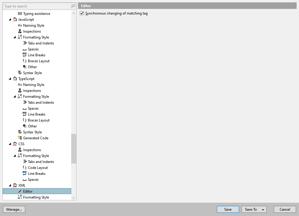 ReSharper options: Code Editing | XML | Editor