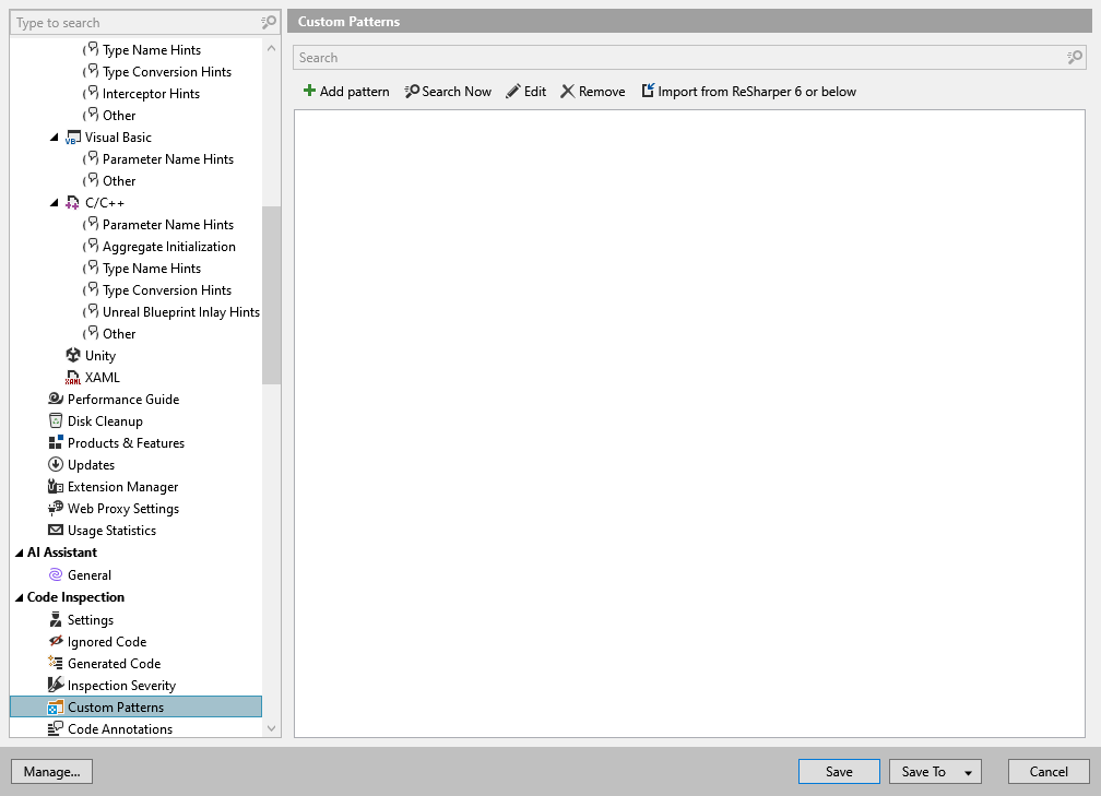 ReSharper options: Code Inspection | Custom Patterns ReSharper options: Code Inspection | Custom Patterns