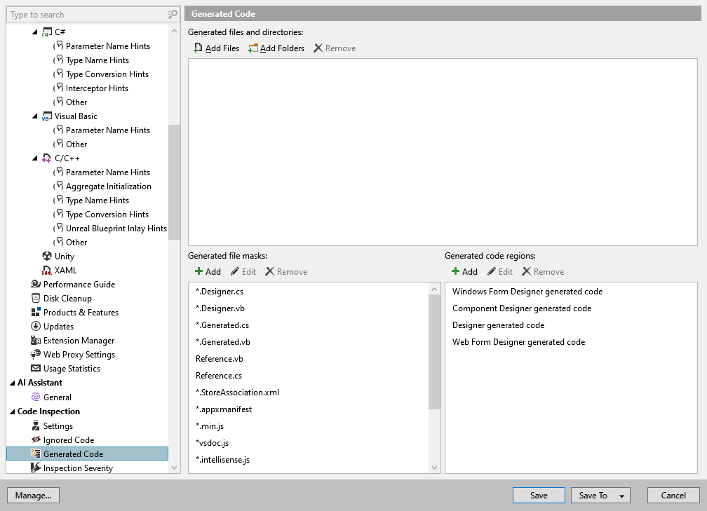 ReSharper options: Code Inspection | Generated Code ReSharper options: Code Inspection | Generated Code