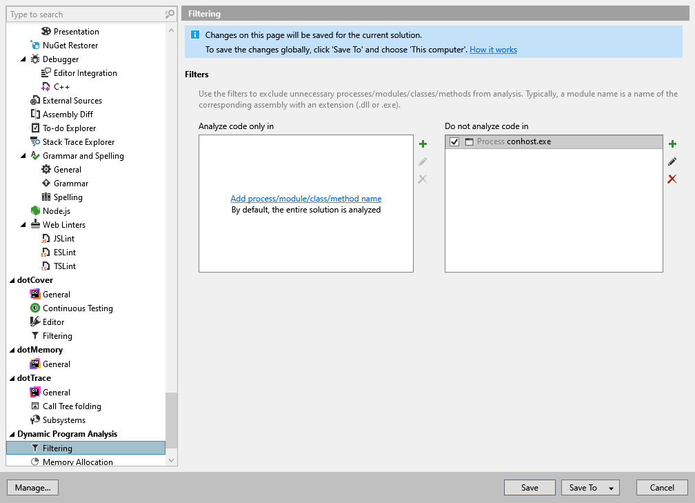 ReSharper options: Dynamic Program Analysis | Filtering ReSharper options: Dynamic Program Analysis | Filtering