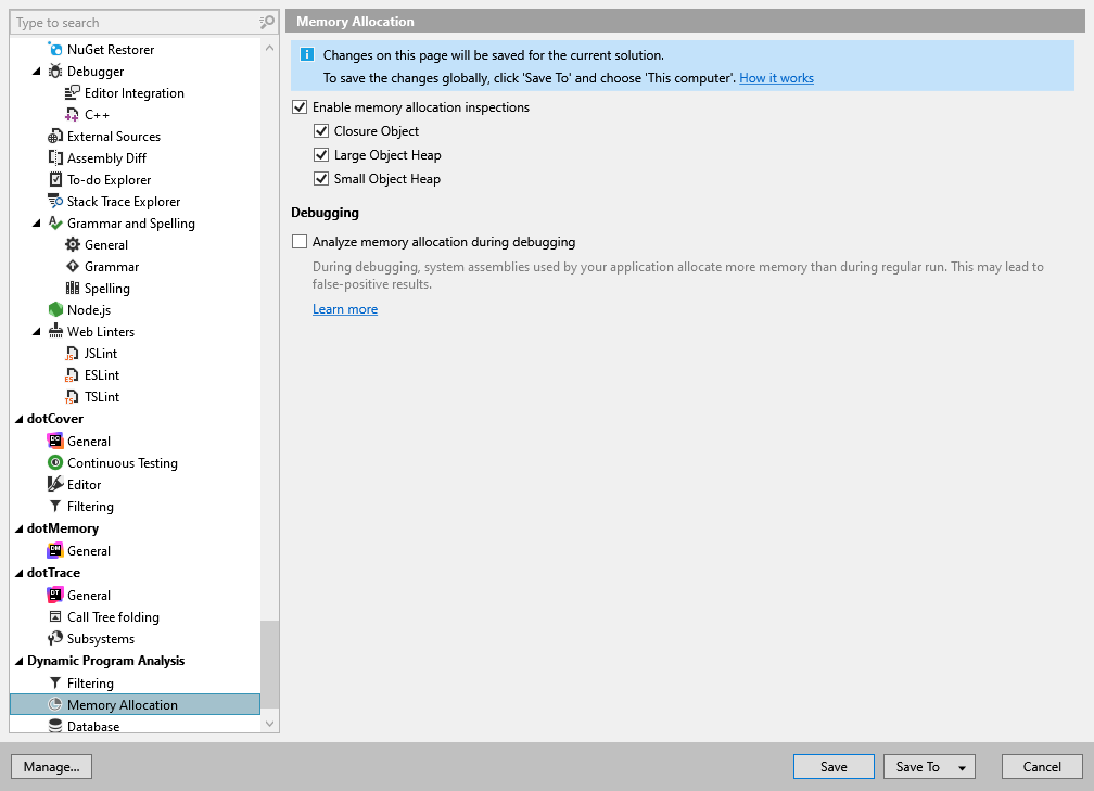 ReSharper options: Dynamic Program Analysis | Memory Allocation
