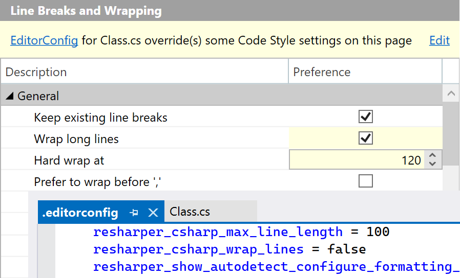 Code formatting options overridden by EditorConfig styles
