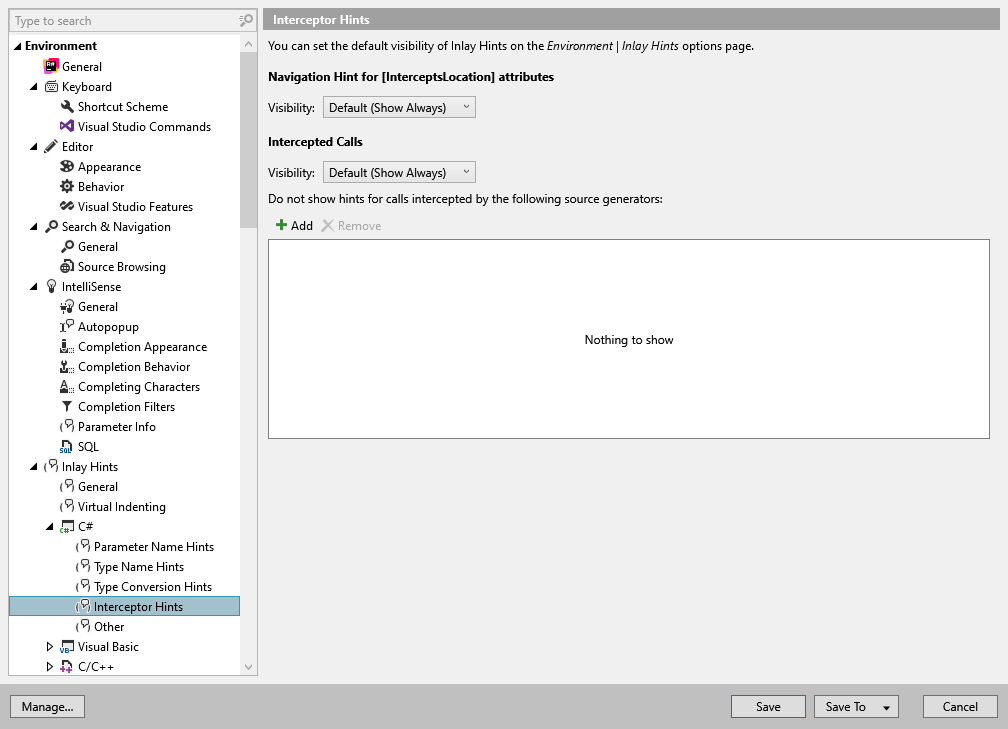 ReSharper options: Environment | Inlay Hints | C# | Interceptor Hints