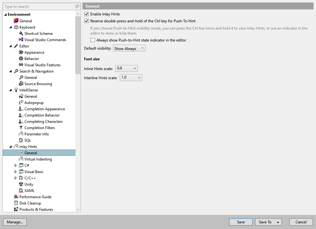 ReSharper options: Environment | Inlay Hints | General