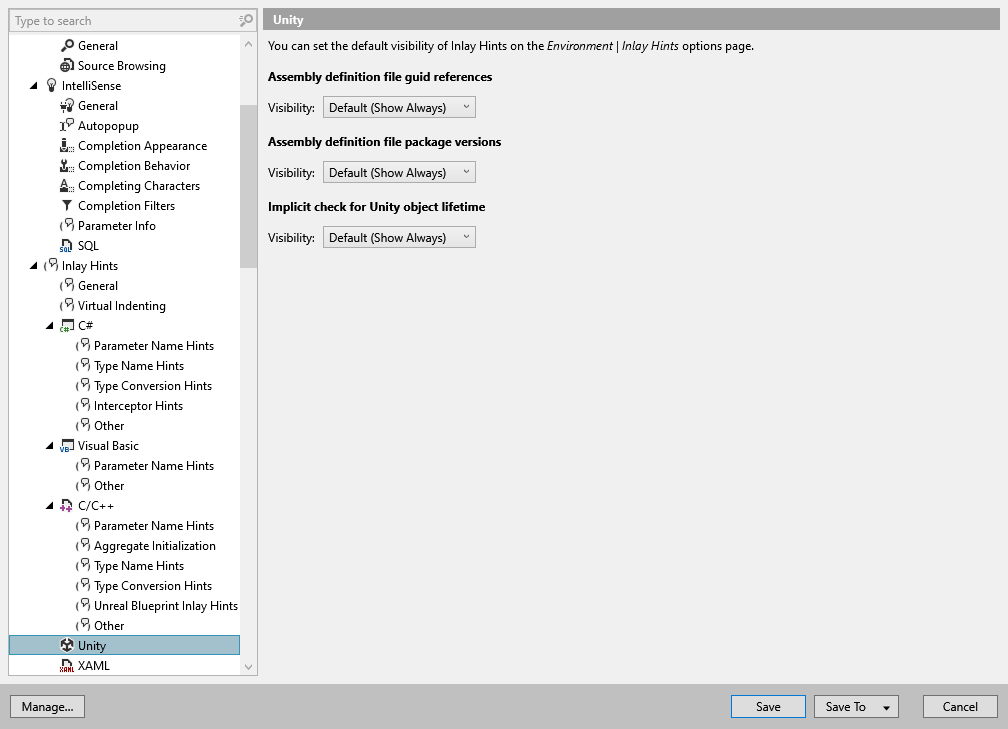 ReSharper options: Environment | Inlay Hints | Unity ReSharper options: Environment | Inlay Hints | Unity