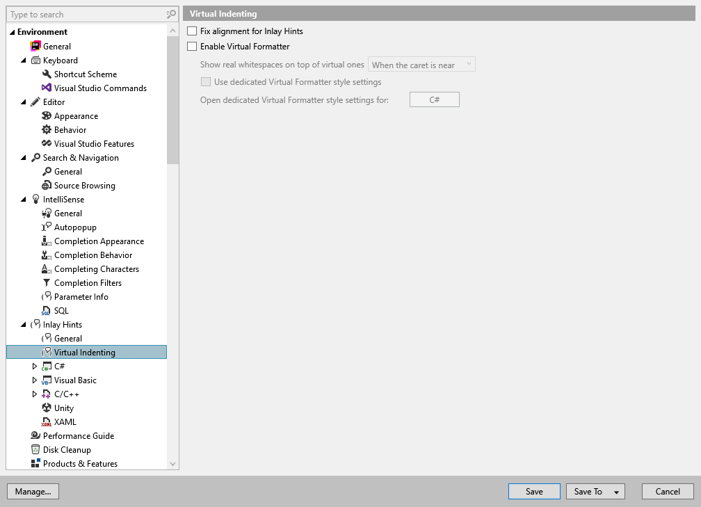 ReSharper options: Environment | Inlay Hints | Virtual Indenting ReSharper options: Environment | Inlay Hints | Virtual Indenting