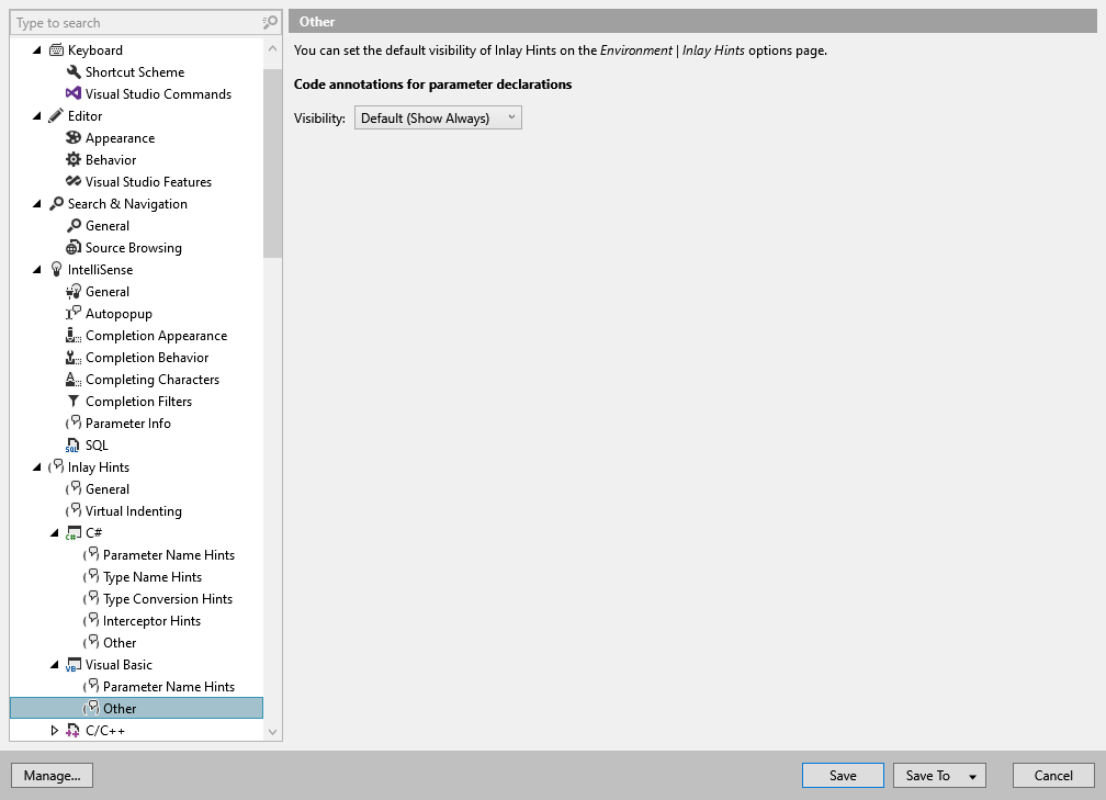 ReSharper options: Environment | Inlay Hints | Visual Basic | Other