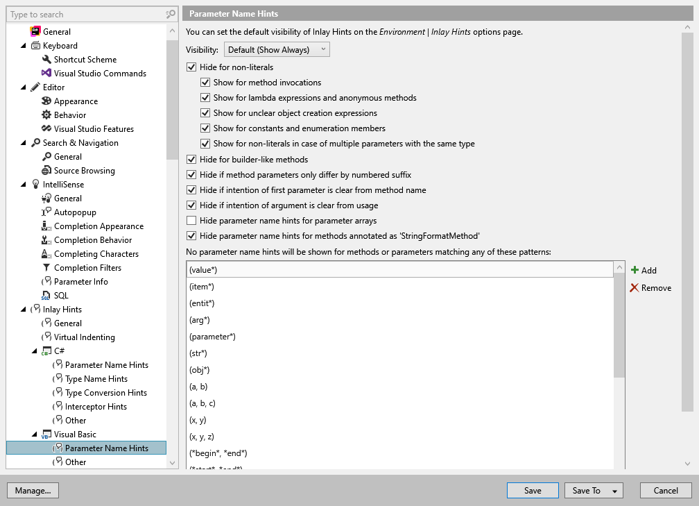 ReSharper options: Environment | Inlay Hints | Visual Basic | Parameter Name Hints