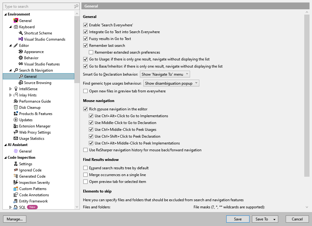 ReSharper options: Environment | Search & Navigation | General