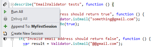 Running a Jasmine unit test suite from the editor Running a Jasmine unit test suite from the editor