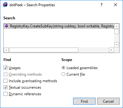 dotPeek。 「プロパティの検索」ダイアログ dotPeek。 「プロパティの検索」ダイアログ