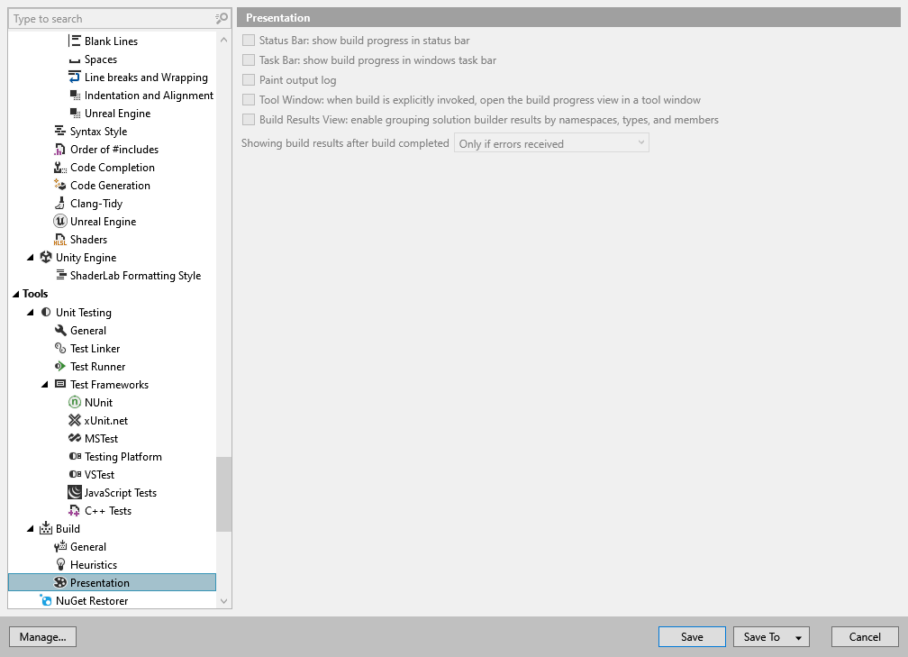 ReSharper options: Tools | Build | Presentation ReSharper options: Tools | Build | Presentation