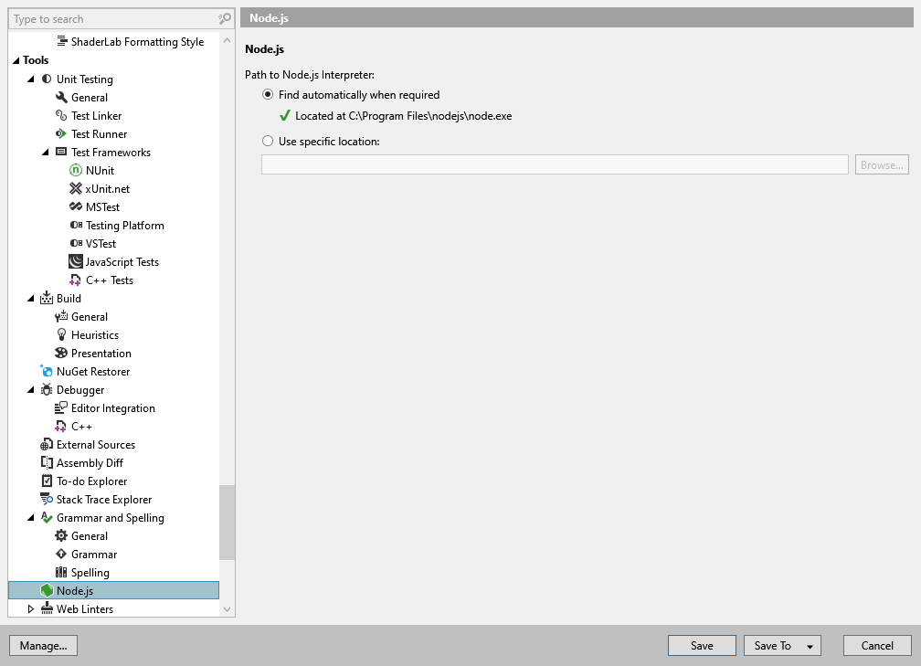 ReSharper options: Tools | Node.js
