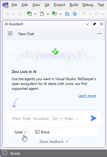 ReSharper: Junie selected in AI Assistant tool window
