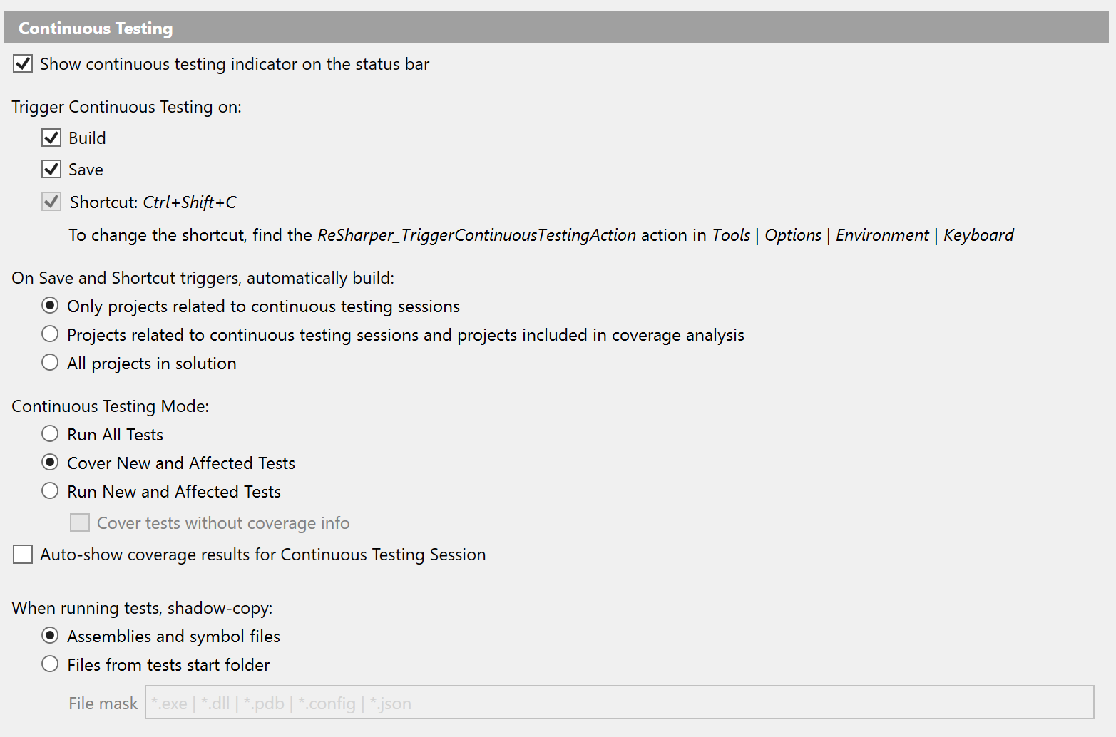 Continuous testing settings Continuous testing settings