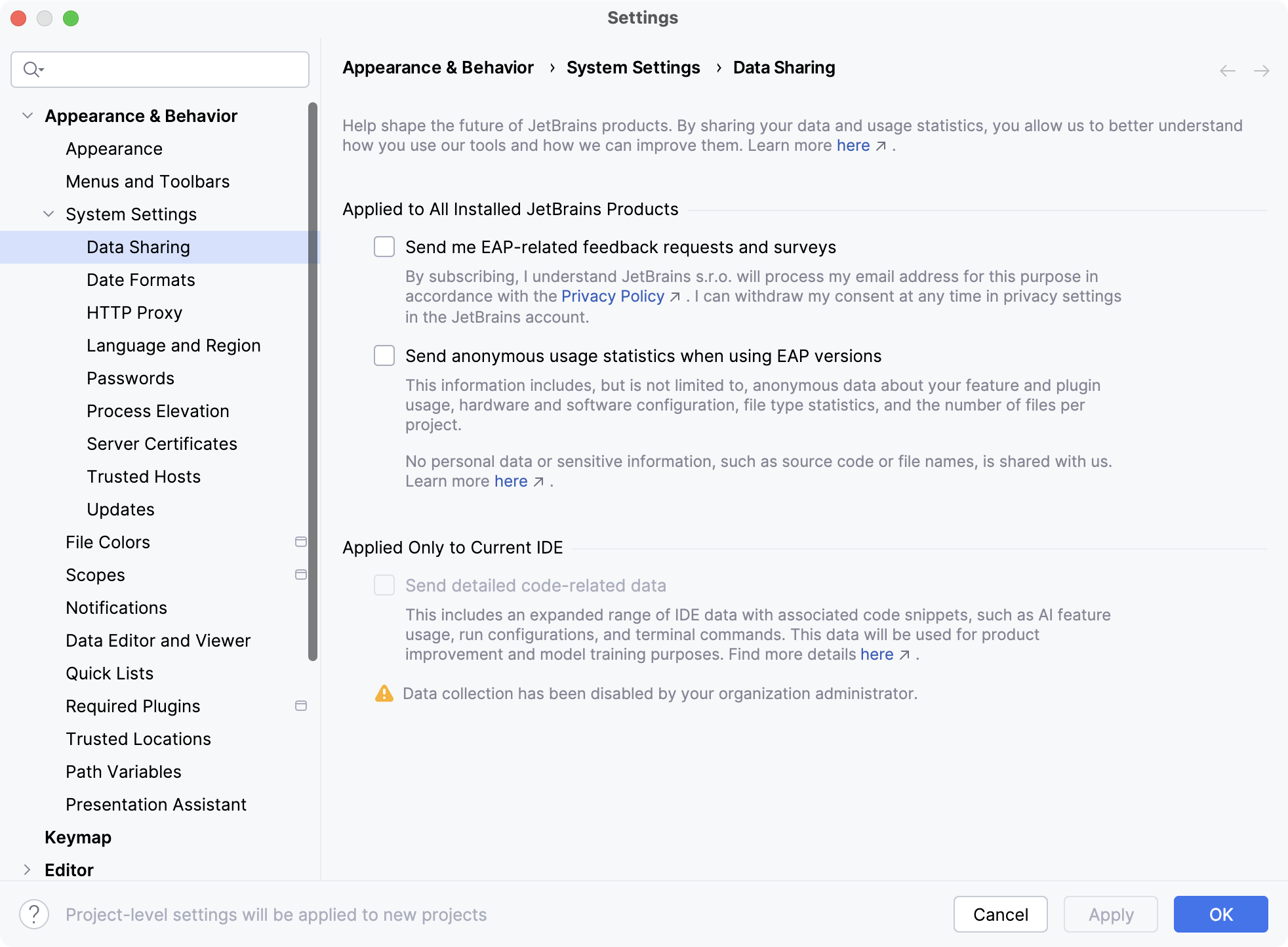 Data Sharing dialog in the EAP version Data Sharing dialog in the EAP version