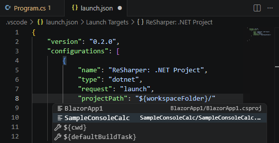 ReSharper: Code completion for the new launch configuration ReSharper: Code completion for the new launch configuration